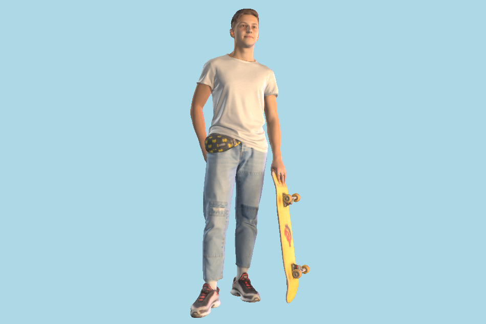 Cute Young Man with a Yellow Skateboard 3d model