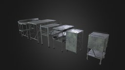 Hospital worktops and drawers wheels, sink, table, dirty, hospital, drawers, metal, scratched, substancepainter, asset, pbr