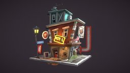 Motel scene, exterior, diorama, motel, oldhouse, handpainted-texture, architecturevisualization, handpainted, architecture, cartoon, blender, art, lowpoly, blender3d, gameart, house, stylized, building, concept, environment