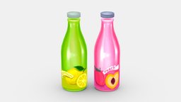 Cartoon bottled juice drink drink, fruit, summer, beverage, beer, soda, water, juice, lemon, peach, sucker, lowpolymodel, handpainted, glass, bottle