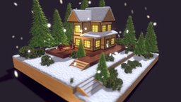 Wood Cabin tree, toon, snow, christmas, window, table, vr, ar, cabinet, bush, stylize, pinetree, snowday, stair, game, blender, pbr, chair, house, home, wood, door, noai