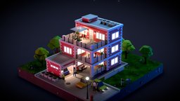 Low Poly Building with Characters. Night room, sky, moon, cg, exterior, night, cgi, stars, town, artist, isometric, illustration, character, low-poly, cartoon, game, 3d, lowpoly, low, poly, model, house, car, city, building, street, interior