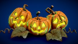 Carved Pumpkin Trio jack-o-lantern, jackolantern, character, stylized, halloween, pumpkin