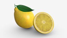 Fresh lemon with slice and leaf 02 green, food, fruit, raw, organic, half, leaf, fresh, vitamin, juice, yellow, citrus, lemon, slice, juicy, ripe, sour, ingredient, pbr