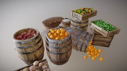 Market Props food, fruit, wooden, barrel, organic, shelf, medieval, pack, display, market, trade, stall, goods, box, package, vegetable, grocery, shop