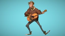 Guitarist boy, jacket, aviator, cabinet, guitarist, maya, character, cartoon, male
