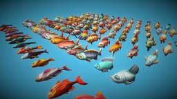 100 Stylized Fish Pack fish, cute, pet, pack, 100, package, fishes, cartoon, game, low, poly, model, animation, stylized