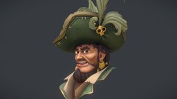 Pirate Bust hat, pose, corsair, capitan, feathers, expression, dreadlocks, hand-painted, skull, pirate, stylized, gold