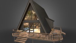 A-Frame Cabin forest, camping, exterior, roof, loft, apartment, porch, 80s, nature, architecture, blender, pbr, design, house, wood, interior