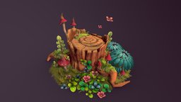 Stylised Stump tree, scene, forest, cute, small, log, whimsical, drawn, stylised, stump, magical, colorfull, fairytale, greenery, colored, handpainted, cartoon, wood, environment, fairygarden