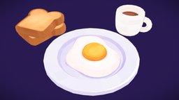 Cartoon Egg on a Plate food, plate, egg, toaster, dinner, cook, morning, bread, unlit, cooking, toast, paintedtexture, yolk, saturation, cartoon, game, lowpoly, gameart, home, stylized