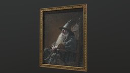 Old Portrait Painting of Wizard wizard, frame, oil, portrait, medieval, painting, antique, realistic, old, illustration, hogwarts, pbr, lowpoly, fantasy, magic, gold, gameready, hogwartslegacy, createdwithai