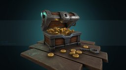 Treasure chest key, chest, treasure, coins, metal, box, bpr, substancepainter, substance, lowpoly, gold