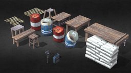 Industrial, workshop props, items barrel, sack, table, props, items, asset, game, lowpoly, chair, workshop, industrial, gameready