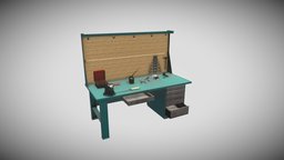 Weapon workbench with tools oil, hammer, household, tools, wrench, ammo, clip, pliers, box, screwdriver, ammunition, vise, workbench, pbr, lowpoly, shotgun, container, metalfile