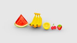 Cartoon fruits drink, food, fruit, garden, cherry, orchard, banana, beverage, juice, nature, health, watermelon, lemon, strawberry, acid, lowpolymodel, handpainted