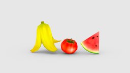 Cartoon fruits-banana peel-tomato-watermelon food, fruit, garden, orchard, banana, summer, eat, farm, tomato, watermelon, vegetable, peel, lowpolymodel, bananapeel, handpainted