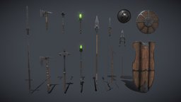 Iron Weapons Fantasy Set arrow, set, axes, bow, staff, shields, props, swords, lance, maces, pbr-game-ready, fantasy