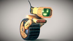 Wheeler wheel, one, cute, orange, happy, unreal, wheeler, ready, rover, android, yellow, smiling, colored, character, unity, game, blender, pbr, low, poly, animated, robot
