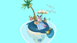 vacation on an island? pokemon, pikachu, summer, horsea, waiting, vacation, wigglytuff, handpainted, blender, lowpoly
