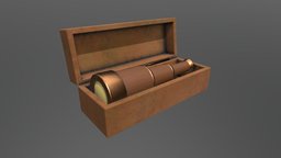 Simple stylized low-poly spyglass and box for it prop, item, captain, magical, game-ready, navigation, game-asset, spyglass, low-poly, sea, pirates