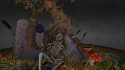 Tree Scene tree, skeleton, dead, mushrooms, rock, leaves