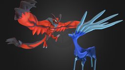 Xerneas and Yveltal pokemon, deer, creature, monster, dragon