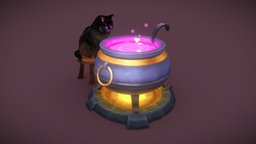 The Witchs Assistant cat, handpainted, game, blender, lowpoly, blender3d, cauldron, witch, fantasy