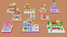 Cartoon Stores / Eateries Islands Exteriors plant, burger, food, cafe, flower, toy, coffee, diner, store, candy, town, icecream, pizza, bakery, pizzeria, eatery, bookshop, cartoon, blender, house, city, building, shop, noai