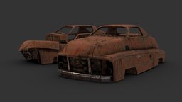 Derelict Dieselpunk Car abandoned, post-apocalyptic, wreck, rusty, metal, coupe, dieselpunk, destroyed, derelict, retrofuturistic, substancepainter, 3dsmax, vehicle, gameasset, car, fallout, gameready