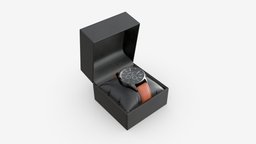 Wristwatch with Leather Strap in box 02 hour, style, time, leather, clock, pillow, classic, strap, metal, box, second, wristwatch, swiss, dial, minute, chronograph, 3d, pbr, watch, steel