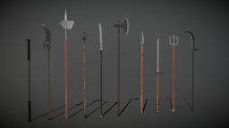 10 Polearms spear, medieval, naginata, polearm, trident, halberd, poleaxe, javelin, weapon3d, guandao, polearms, weapons, warscythe, swordstaff, battlestaff