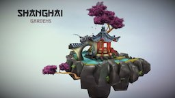Shanghai Gardens tree, green, flying, grass, lp, beauty, shanghai, island, pagoda, pink, bright, trunk, water, colors, cosy, gardens, vegitation, pagode, gg2017, handpainted, lowpoly, hand-painted, stone, rock, hand
