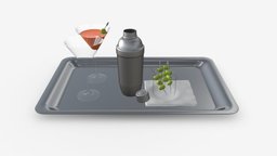 Cocktail shaker on tray drink, cocktail, cap, olive, tray, beverage, holiday, relax, alcool, celebration, napkin, glass, 3d, pbr