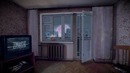 Stylized Handpaint Russian-99th Conceptual Room lamp, bulb, moon, tv, guitar, marshall, handpaint, chairs, floor, russian, window, table, audio, player, crow, balcony, shadeless, phone, old, rubber, unlit, background, cupboard, shirts, tablelamp, chamomile, blender, lowpoly, blender3d, stylized, concept, environment