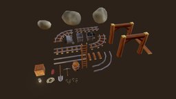 Mine Pack lamp, trolley, rails, barrel, mine, medieval, pack, mushrooms, rope, old, box, stones, pickaxe, shovel, dynamite, handpainted, game, lowpoly