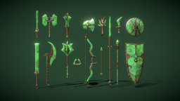 Fantasy Jade Weapon Set arrow, set, bow, staff, shields, mace, swords, lance, jade, axe, fantasy, dagger