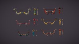Fantasy bow set arrow, rpg, set, bow, shoot, items, quiver, weapon, handpainted, game, lowpoly, stylized, animated, fantasy, rigged, magic