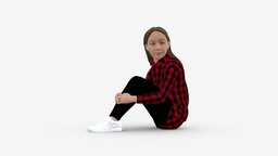 001049 young girl seat in redblack tshirt style, tshirt, people, fashion, clothes, dress, miniatures, realistic, character, 3dprint, girl, model, redblack