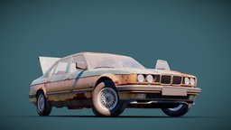 Classic Sedan abandoned, bmw, rusty, dirty, old, wrecked, vehicle, car, gameready, e32