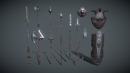 Steel Weapons Fantasy Set arrow, set, axes, bow, staff, shields, swords, lance, maces, pbr-game-ready, fantasy