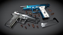 "Black & Blue" (Beretta Fusion) handgun, 9mm, fusion, pistol, beretta, weapon, lowpoly, low, poly, blue, gun, black