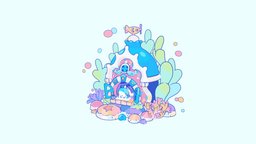 Shark Cottage shark, cute, cottage, underwater, rocks, coral, soft, starfish, colorful, seaweed, pastel, clam, cartoon, stylized, concept