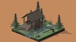 Sawmill saw, tree, wheel, plant, landscape, exterior, log, reed, mill, cut, trunk, nature, stump, isometric, hydraulic, sawmill, lowpoly, axe, rock, environment