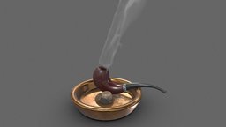Smoking pipe and ashtray pipe, device, wooden, bowl, library, vintage, unreal, gameprop, classic, cigarette, chamber, fire, old, smoke, ashtray, tobacco, copper, puff, smoking, matches, lighter, unreal-engine, cigar, vaping, smoking-pipe, ashes, nicotine, substancepainter, substance, pbr, gameasset, cigarillo