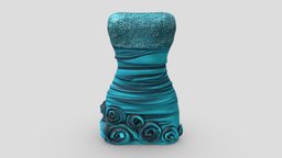 Strapless Cocktail Dress With Rose Embelishments mini, cocktail, fashion, girls, clothes, rose, dress, womens, prom, satin, pbr, low, poly, female, blue, embelishment, strapless