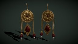 Ornate Gold Ruby Chandelier Earring historic, other, hanging, jewelry, viking, misc, medieval, vr, earrings, byzantine, dangle, gold