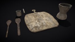Rustic Wooden Medieval Cooking Set viking, medieval, dinner, worn, dirty, dishes, old, kitchenware, spoons, wood