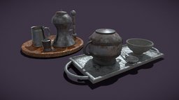 Medieval Dishes Set bar, barrel, plate, medieval, surface, rustic, tray, spoon, beer, dishes, glasses, water, soup, tableware, kitchenware, plates, melamine, serving, anicent, substancepainter, pbr, lowpoly, cup, container, souppot, servingtray