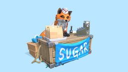 A Fox Selling Sugar crate, cute, fox, sugar, sylized, cashregister, cartoonanimal, cuteanimal, cartoon, zbrush, noai